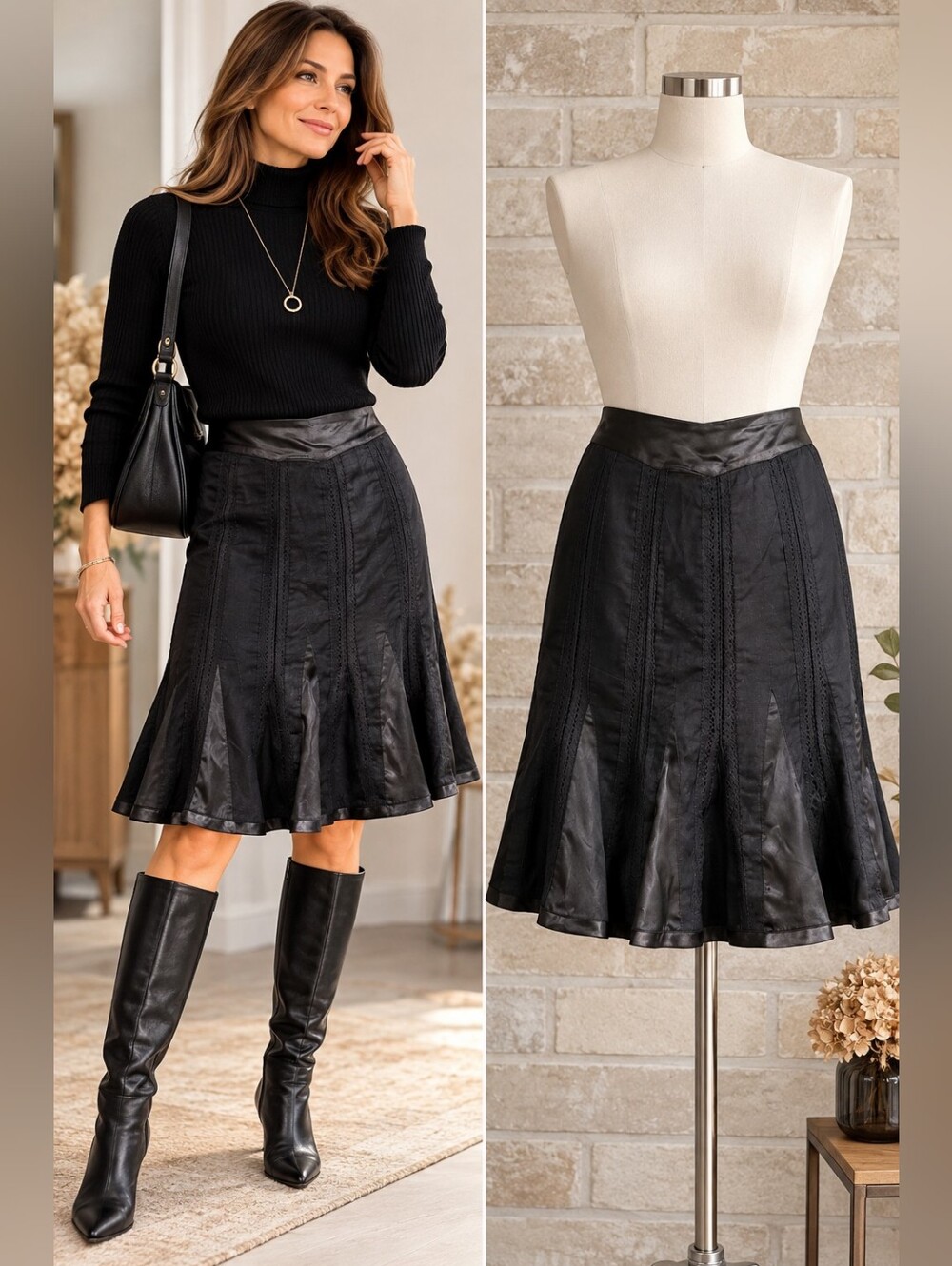 Vintage Danier Black A-Line Flare Skirt Lace Panel Romantic Size 6